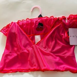 New Bed of Roses Lingerie Cherry Red Embroidered Pink Bralette Set Sz Large NWT